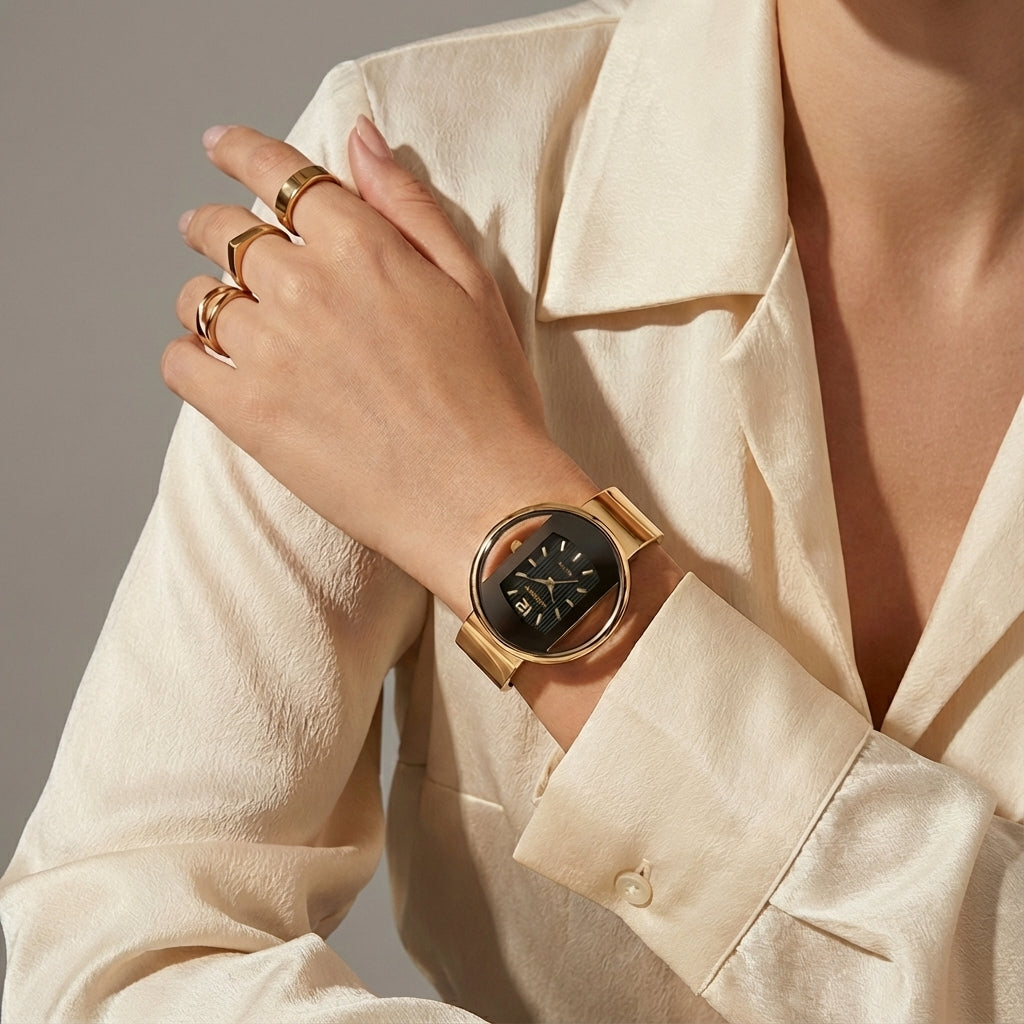 Glass Open Bezel Rectangular Dial Cuff Watch