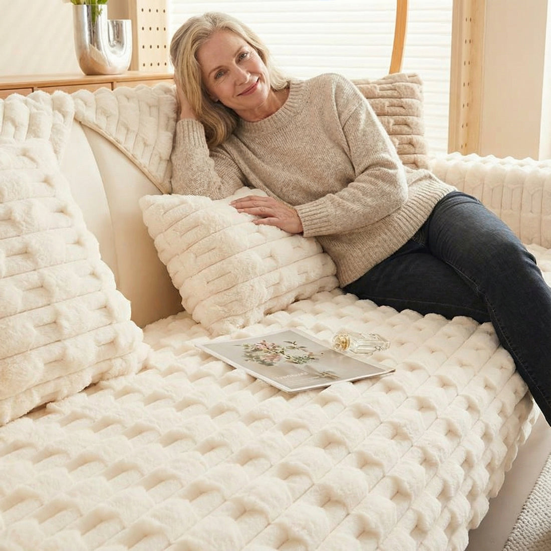 High-Pile Faux Fur Quilted Sofa Cover