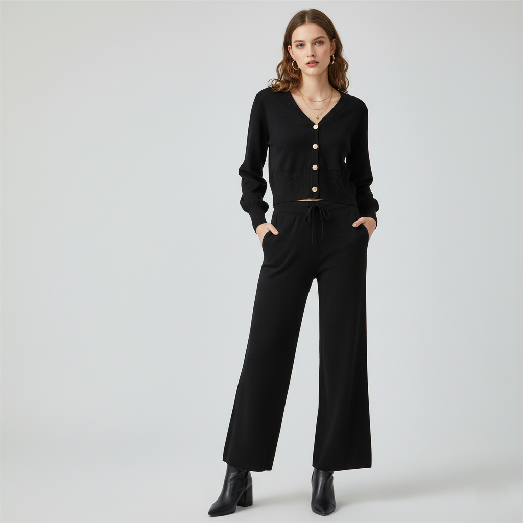 Amelia Knit Two-Piece Set | Relaxed Fit Button Cardigan & Wide-Leg Pants