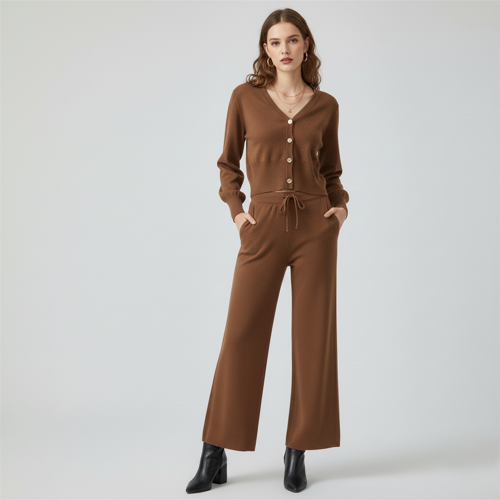 Amelia Knit Two-Piece Set | Relaxed Fit Button Cardigan & Wide-Leg Pants