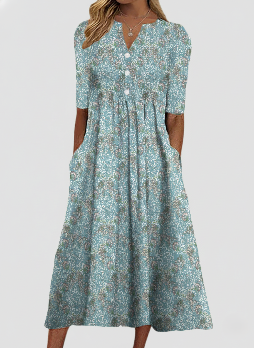 V-Neck Floral Print A-Line Midi Dress