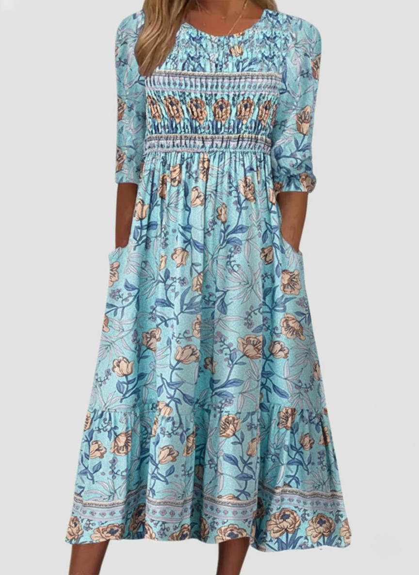 Floral Smocked Puff Sleeve Midi Dress