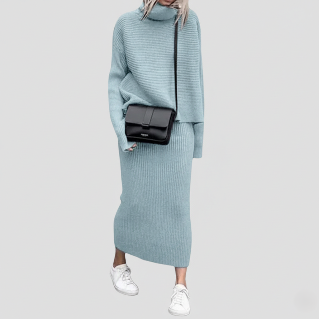 Two-Piece Ribbed Knit Turtleneck Sweater and Skirt Set