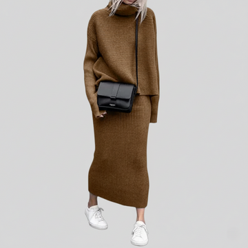 Two-Piece Ribbed Knit Turtleneck Sweater and Skirt Set
