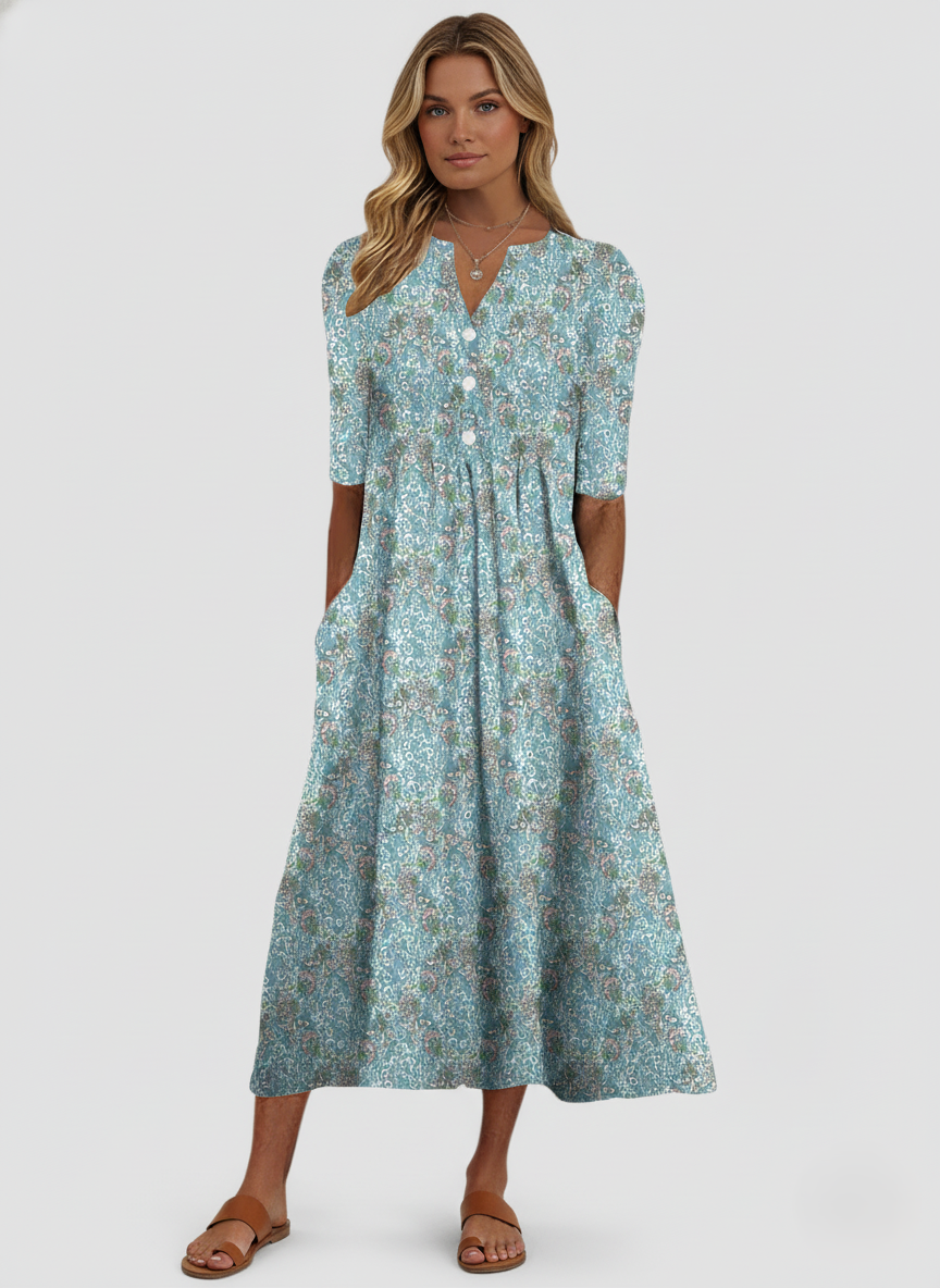 V-Neck Floral Print A-Line Midi Dress