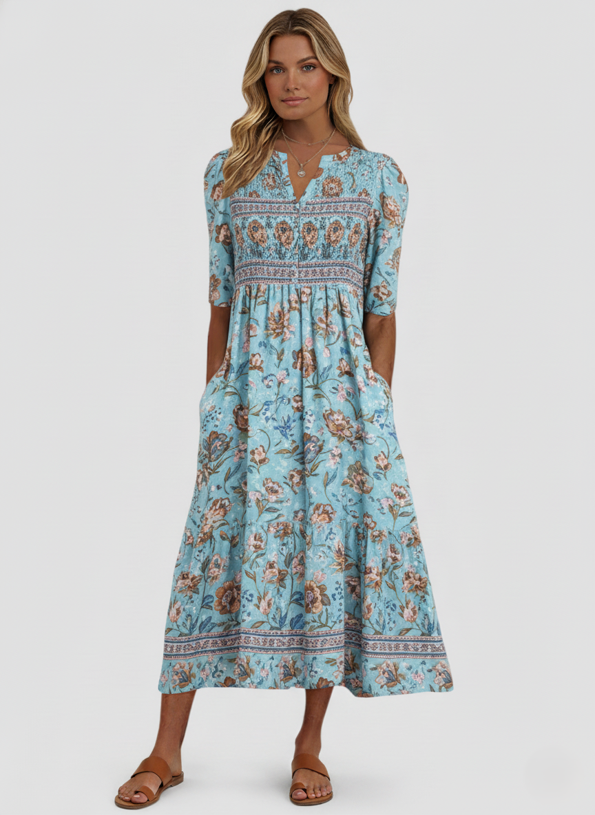Floral Smocked Puff Sleeve Midi Dress