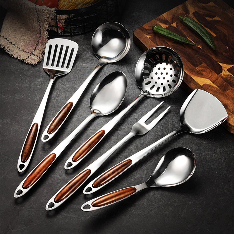 Stainless Steel Mirror-Finish Wood-Handle Utensil Set