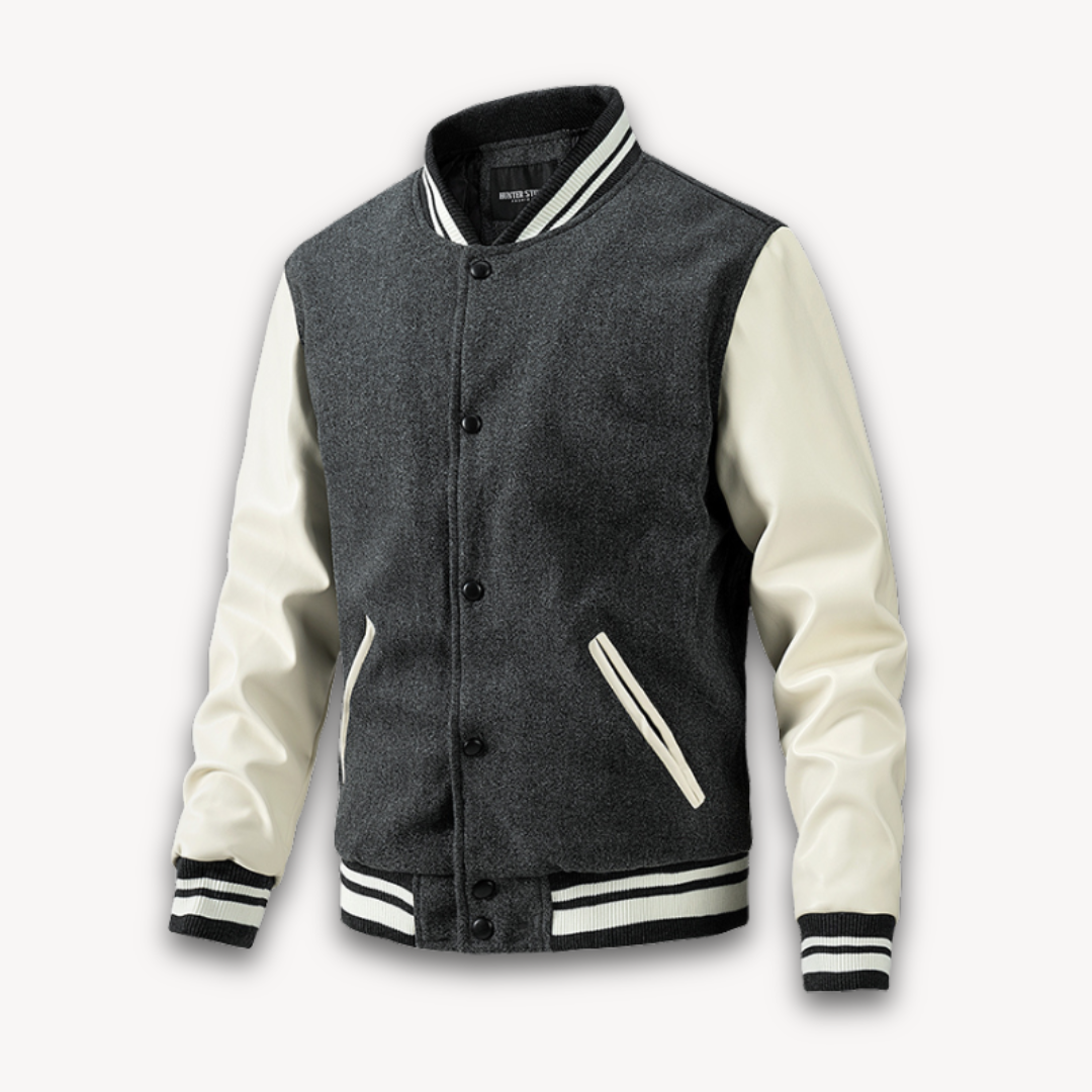 Men's varsity jacket – Classic fit – Wool-look body – Smooth leather-look sleeves – Snap button closure