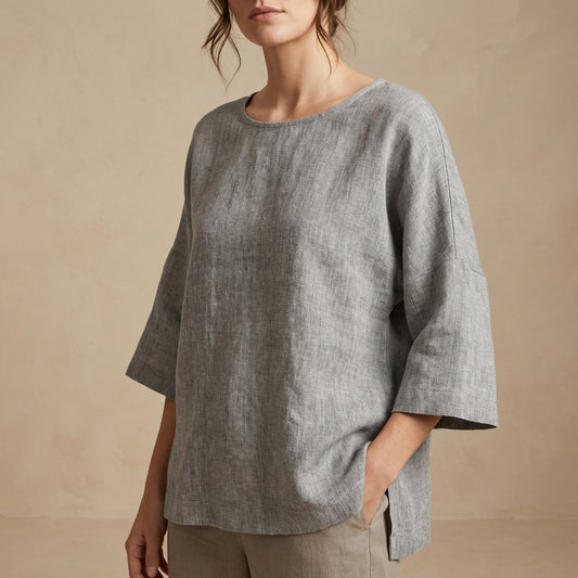 Textured Linen-Blend Top with Elegant Wide Three-Quarter Sleeves