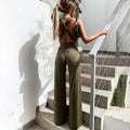 Women's Jumpsuit - Sleeveless with Deep V-Neck - Waist Tie - Wide Leg Fit