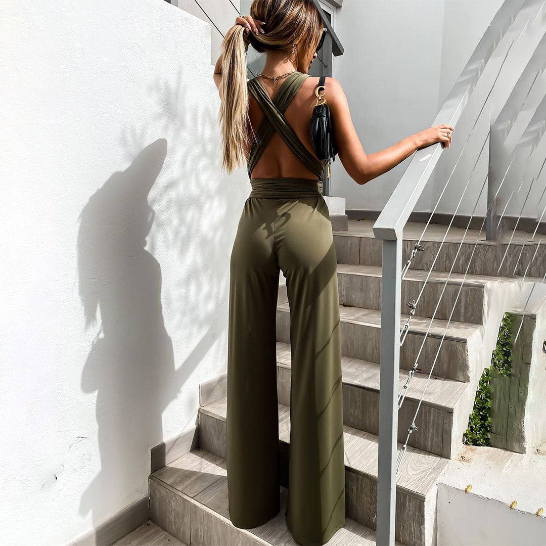 Women's Jumpsuit - Sleeveless with Deep V-Neck - Waist Tie - Wide Leg Fit