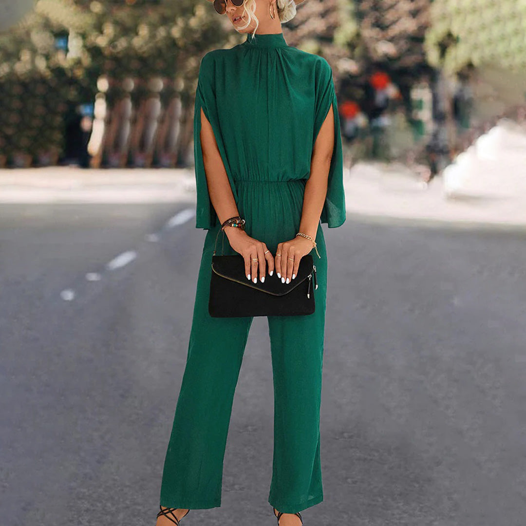 Women's Jumpsuit – High Neck – Slit Cape Sleeves – Fitted Waist – Wide Legs