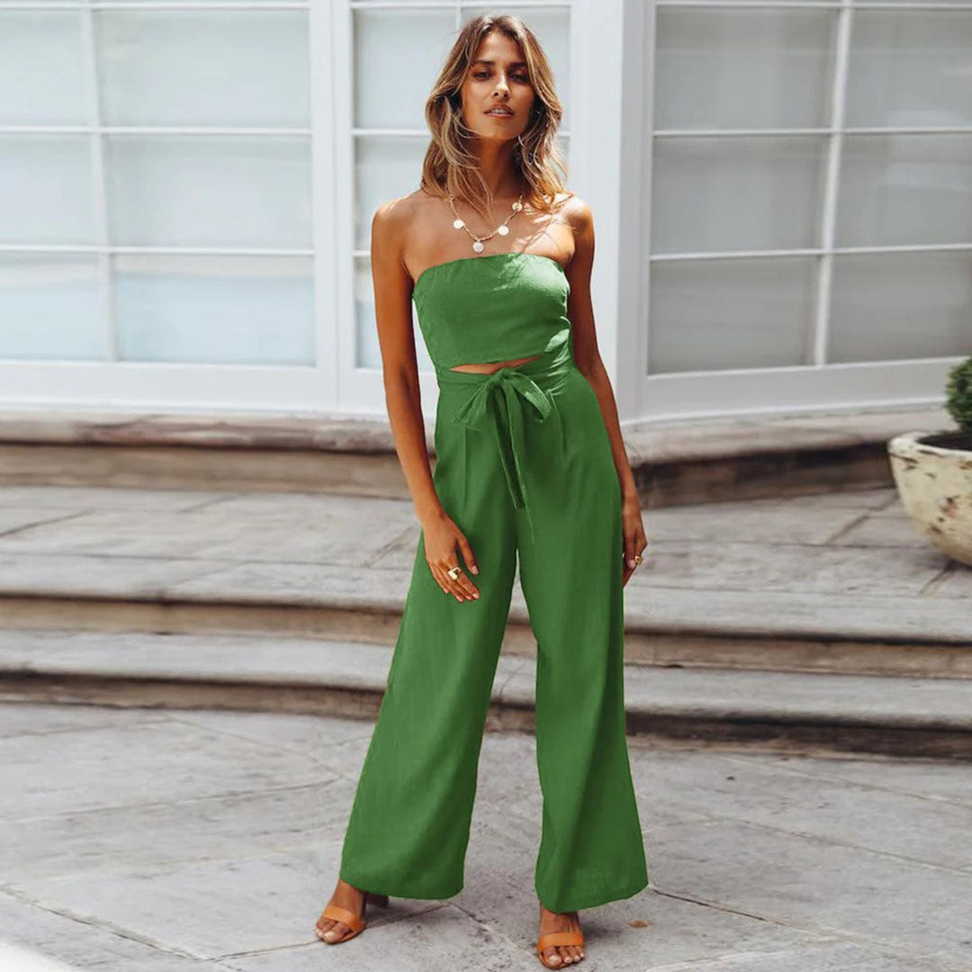 Women's Jumpsuit - Strapless - Waistband - Wide Leg Width - Elegant and Comfortable