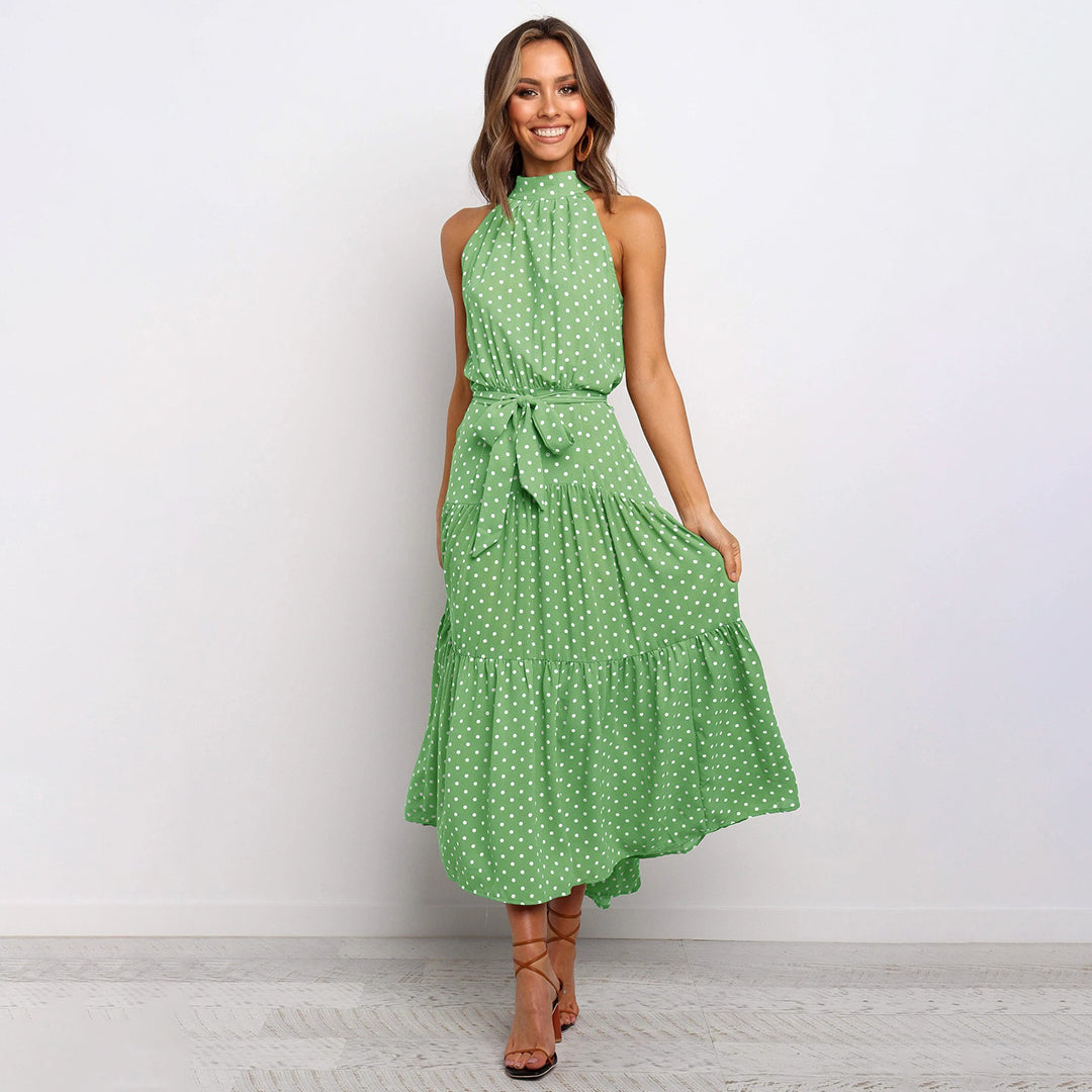 Women's Halterneck Dress - Sleeveless - A-line - Waistband - Light and Airy Long Model