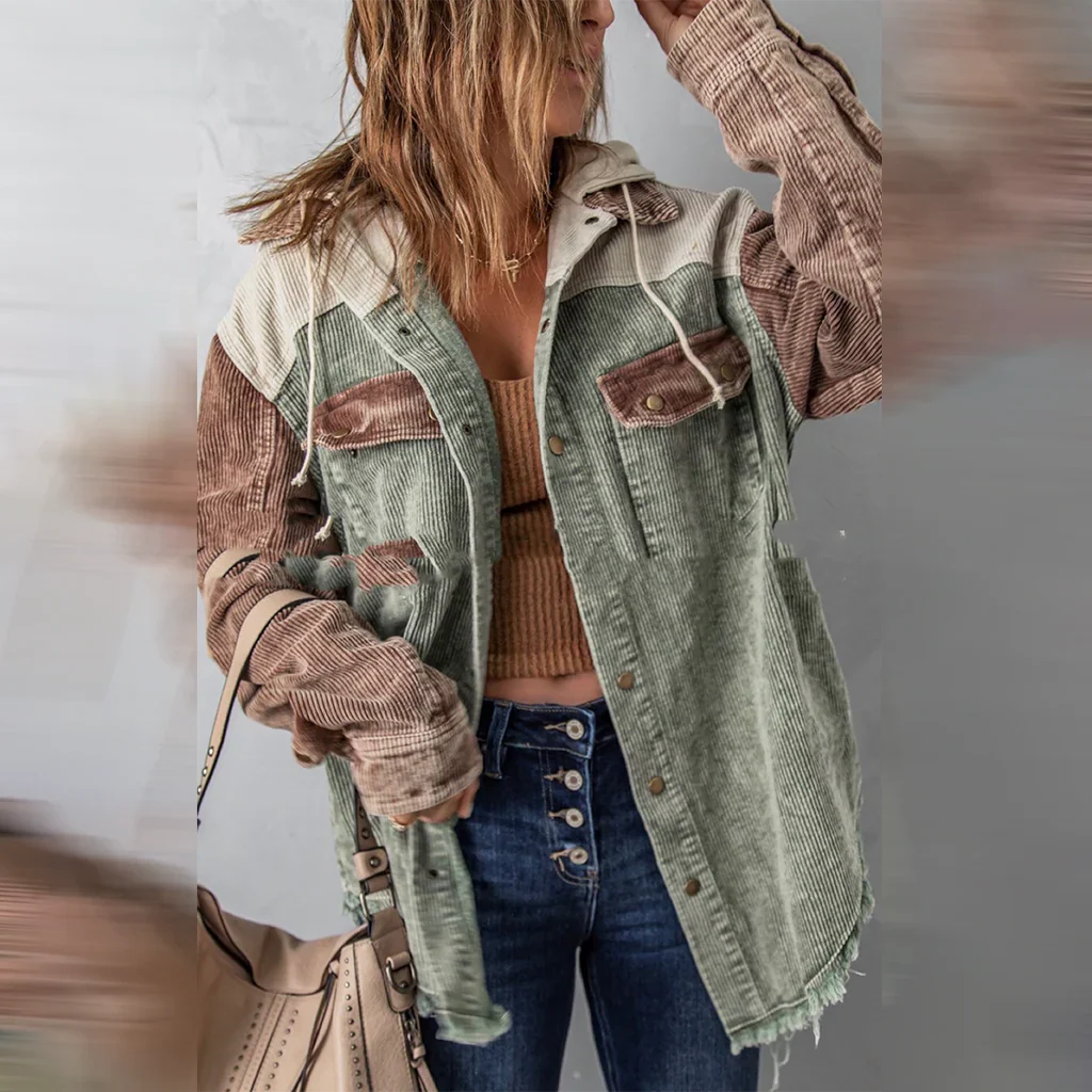 Drawstring Hood Oversized Patchwork Corduroy Jacket
