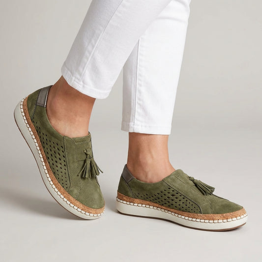 Orthopedic Laser-Cut Slip-On Loafers with Tassel Accents and Cork Detailing