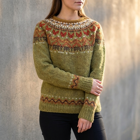 Relaxed Fair Isle Yoke Knit Sweater with Ribbed Trim and Classic Silhouette