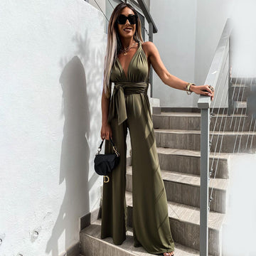 Sleeveless Deep V-Neck Wide Leg Jumpsuit