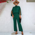 Women's Jumpsuit – High Neck – Slit Cape Sleeves – Fitted Waist – Wide Legs