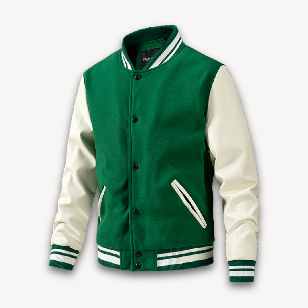 Men's varsity jacket – Classic fit – Wool-look body – Smooth leather-look sleeves – Snap button closure