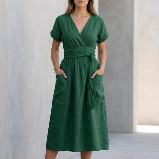 Midi Wrap Dress with Self-Tie Waist and Signature Pockets