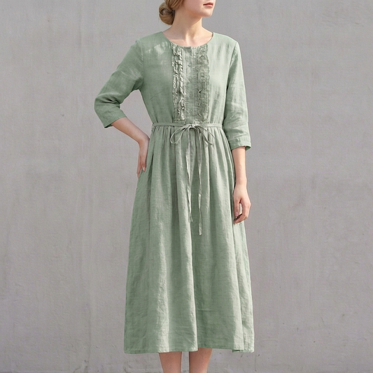 Relaxed Midi Dress with Drawstring Waist and Gathered Skirt