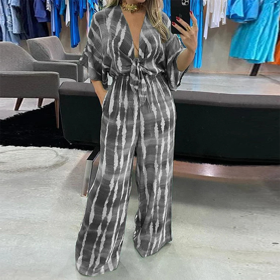 Women's Jumpsuit - Wide Pant Legs - V-neck - Waistband - Short Sleeve - Bohemian Look