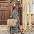 Dress For Women - Maxi Dress With Paisley Pattern - V-Neck And Short Sleeves - Bohemian Look