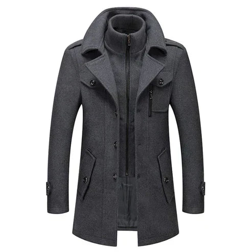 Double Breasted Wool Blend High Collar Trench Coat