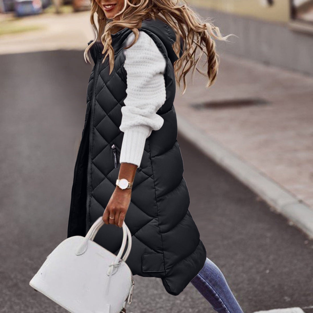 Insulated Quilted Longline Hooded Vest