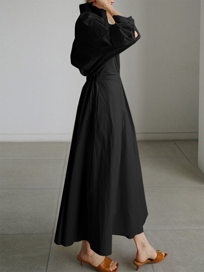 Women's Shirt Dress - Midi Length - Waistband - A-line Fit - Long Sleeves