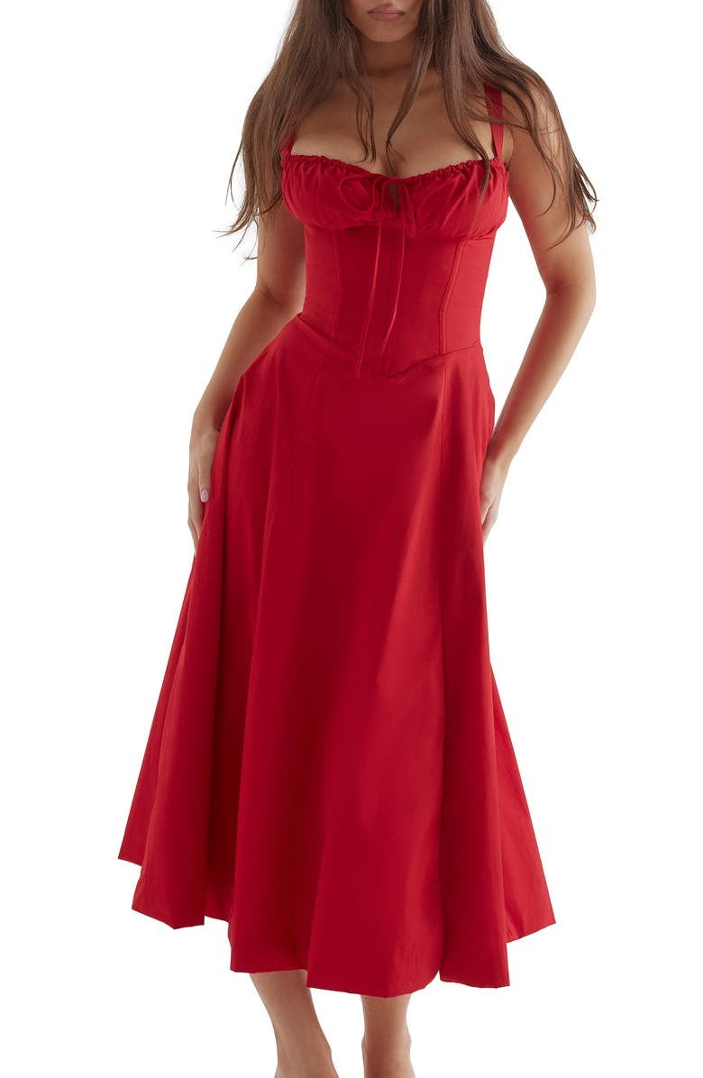 Women's Midi Dress - Floral Print - Sweetheart Neckline - A-line Cut