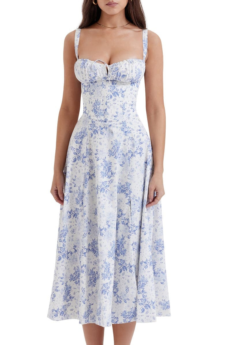 Women's Midi Dress - Floral Print - Sweetheart Neckline - A-line Cut