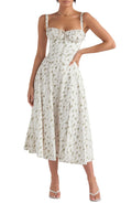 Women's Midi Dress - Floral Print - Sweetheart Neckline - A-line Cut