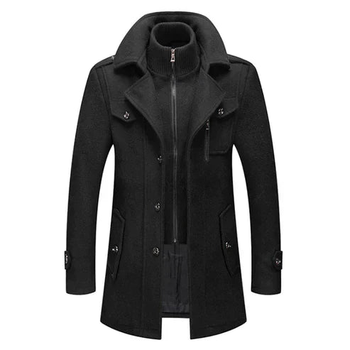 Men's Trench Coat - Wool Blend - Double Breasted - High Collar - Zipper & Button Closure