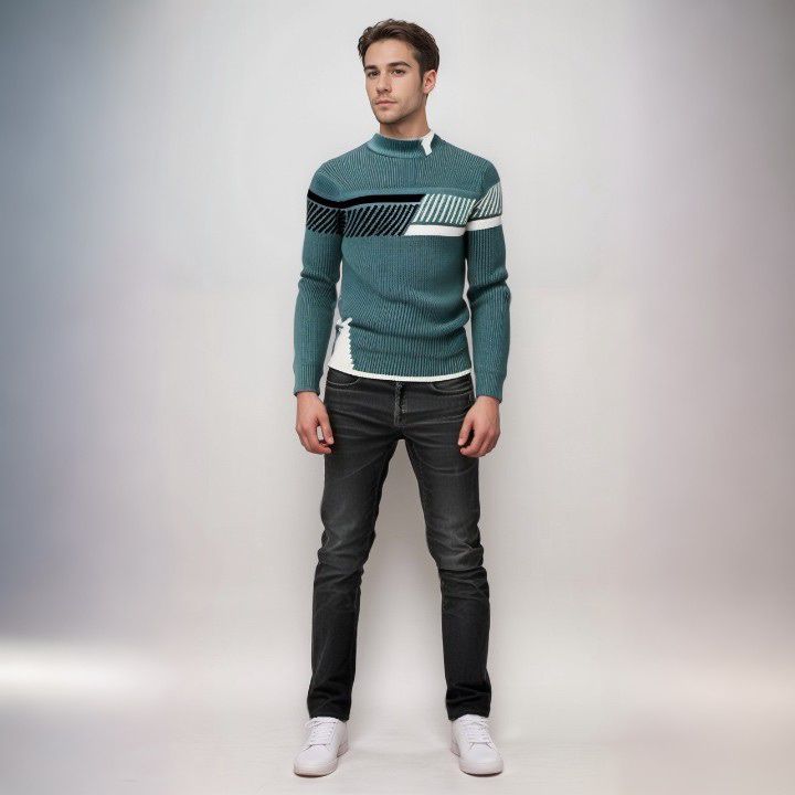 Men's Knit Sweater - Geometric Pattern - Ribbed Texture - Long-Sleeved Crewneck