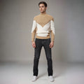 Men's Knit Sweater - Geometric Pattern - Ribbed Texture - Long-Sleeved Crewneck