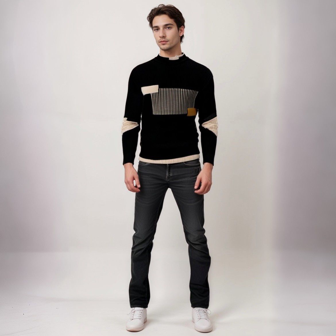 Men's Knit Sweater - Geometric Pattern - Ribbed Texture - Long-Sleeved Crewneck