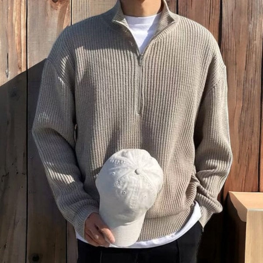Men's Sweater with Half Zipper – Wool Blend – Relaxed Fit – Rib Knit Design