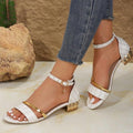 Women's Sandals - Open Toe - Block Heel with Metallic Details - Adjustable Ankle Strap