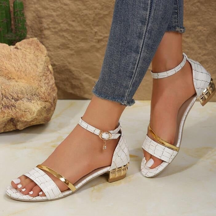 Women's Sandals - Open Toe - Block Heel with Metallic Details - Adjustable Ankle Strap