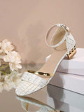 Women's Sandals - Open Toe - Block Heel with Metallic Details - Adjustable Ankle Strap