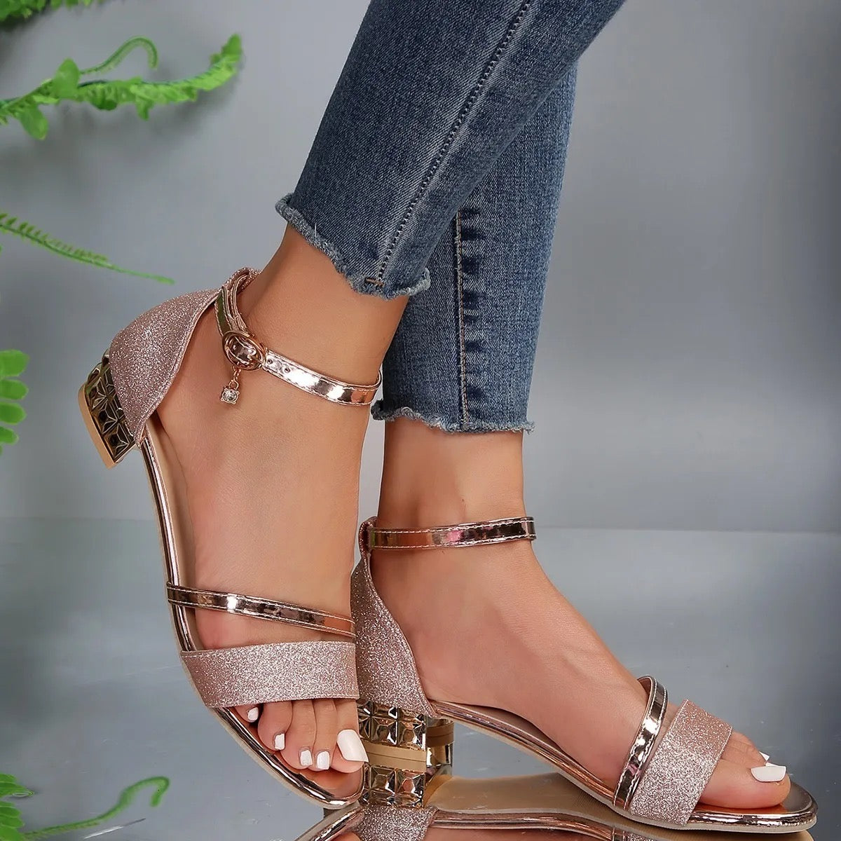 Women's Sandals - Open Toe - Block Heel with Metallic Details - Adjustable Ankle Strap