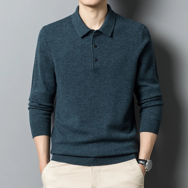 Wool Blend Ribbed Trim Polo Sweater