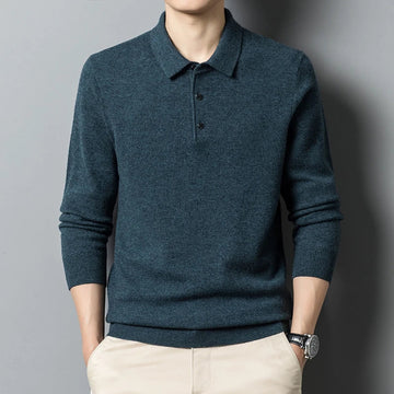 Wool Blend Ribbed Trim Polo Sweater