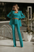 Women's Suit - 3-piece Set - Blazer with Shoulder Pads - Crop Top - High-waisted Flared Trousers