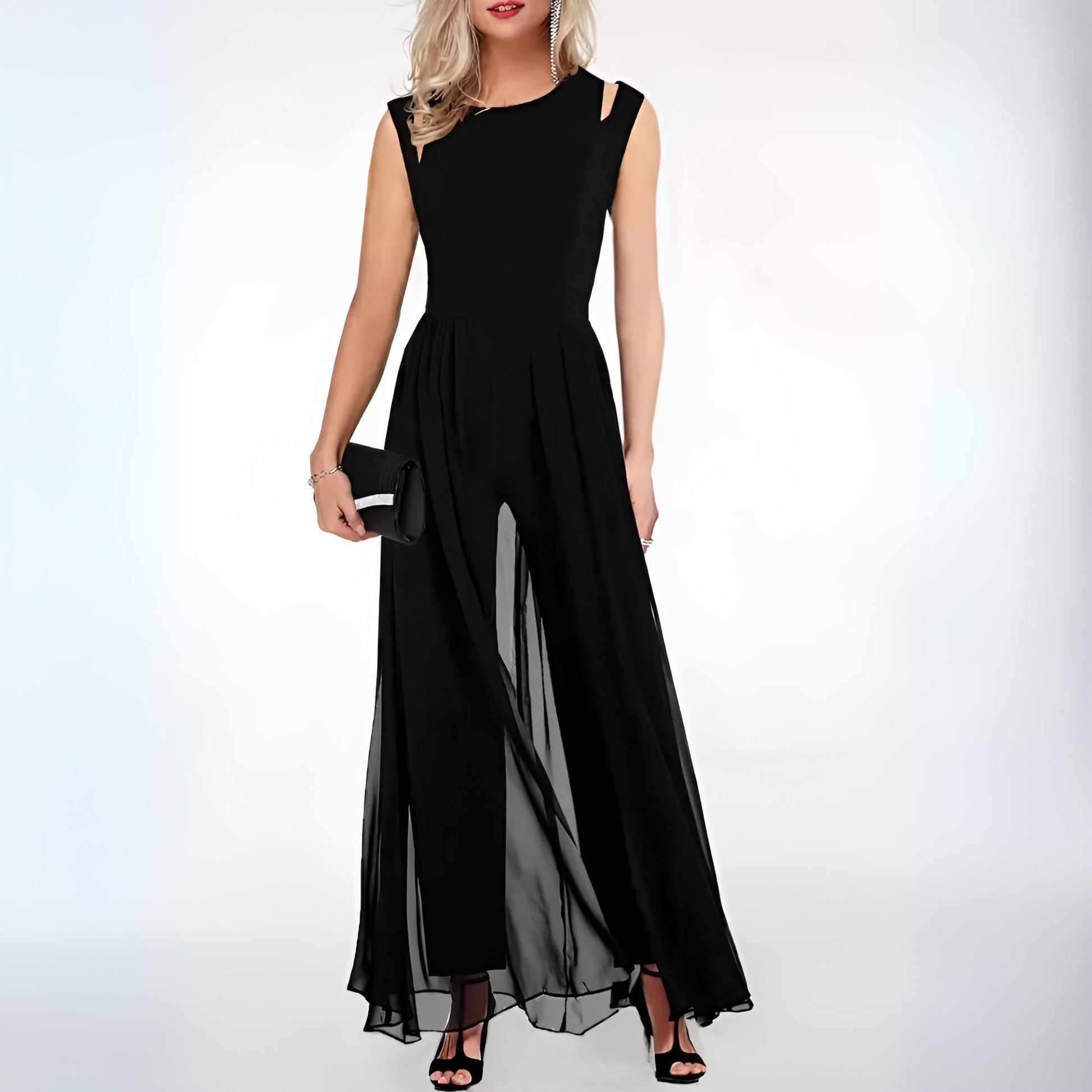 Women's Evening Dress - Sleeveless with Cutout Shoulders - Flowy Maxi - Elegant Party Dress