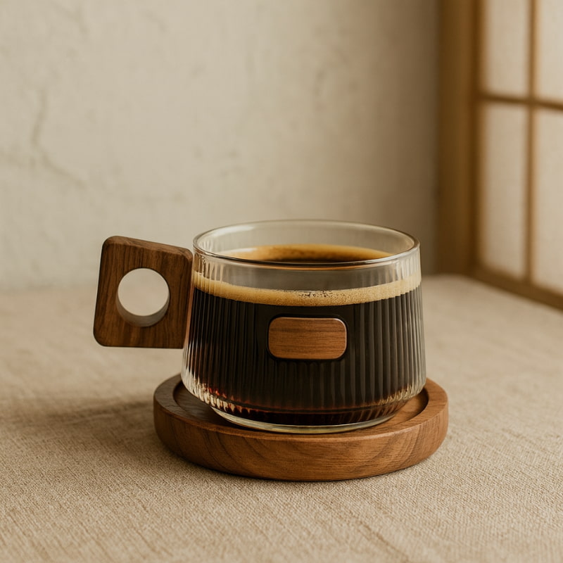 Ribbed Glass Square Wood Handle Coffee Cup