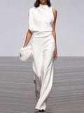 Women's Jumpsuit - Sleeveless Asymmetric Neckline - Elegant Wide Legs - Festive Look