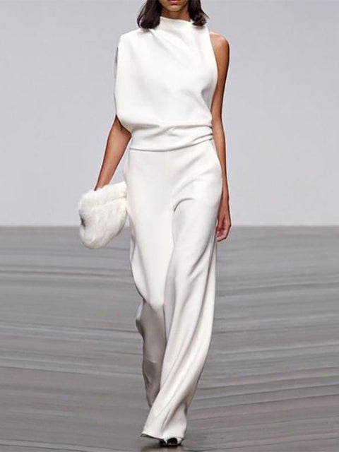 Women's Jumpsuit - Sleeveless Asymmetric Neckline - Elegant Wide Legs - Festive Look